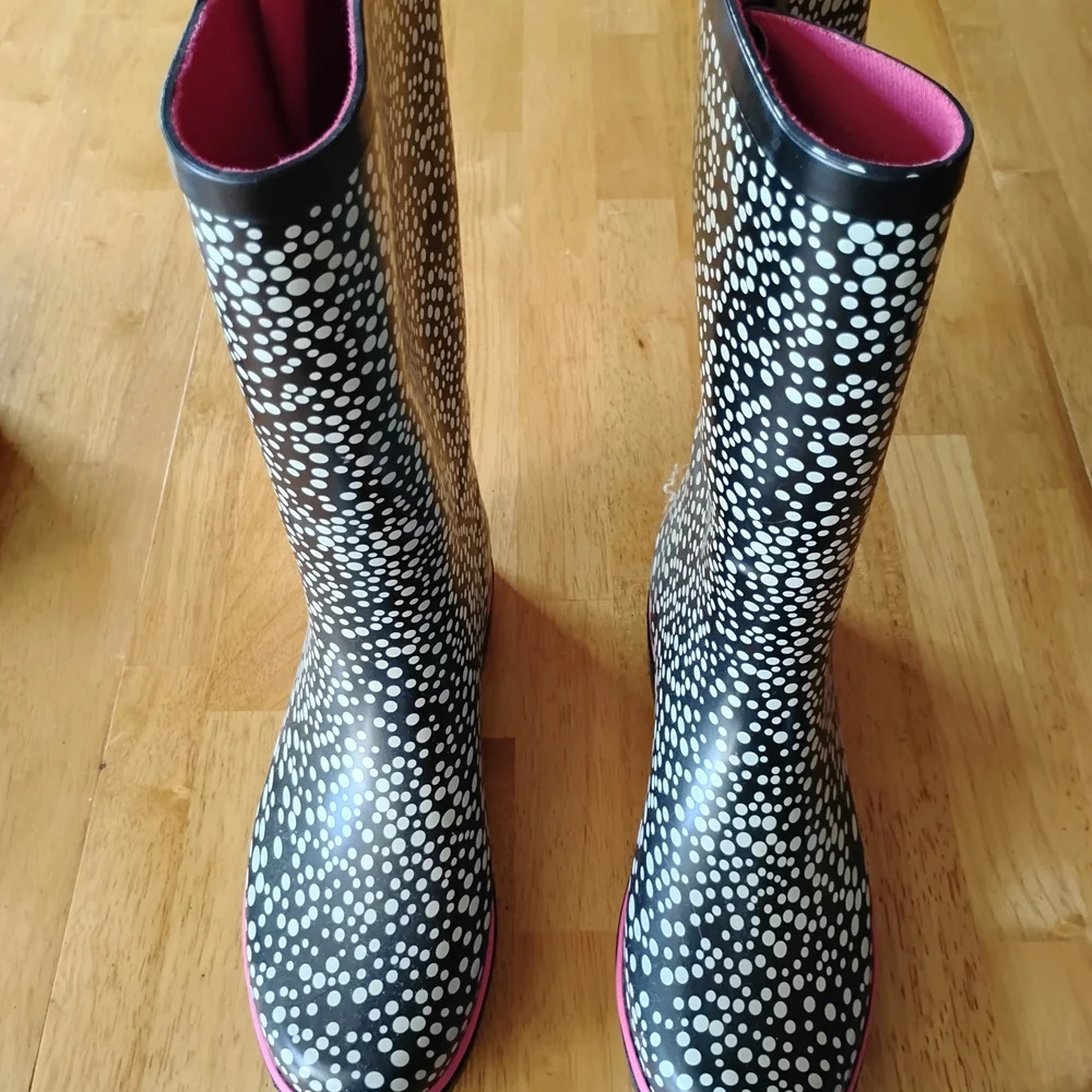 Women's Black Polka Dot Rain Boots with Pink Interior Trim - Picture 1 of 5